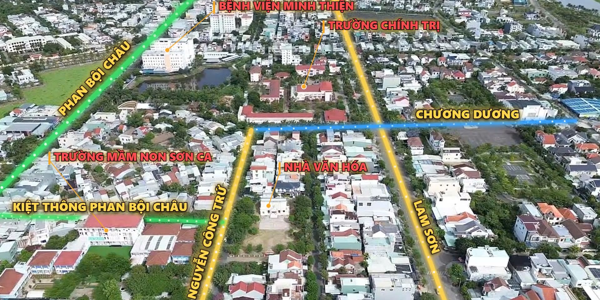 Bản đồ tiện ích quanh lô đất Nguyễn Công Trứ Tam Kỳ: nhà văn hoá, trường mầm non Sơn Ca, bệnh viện Minh Thiện, trường chính trị