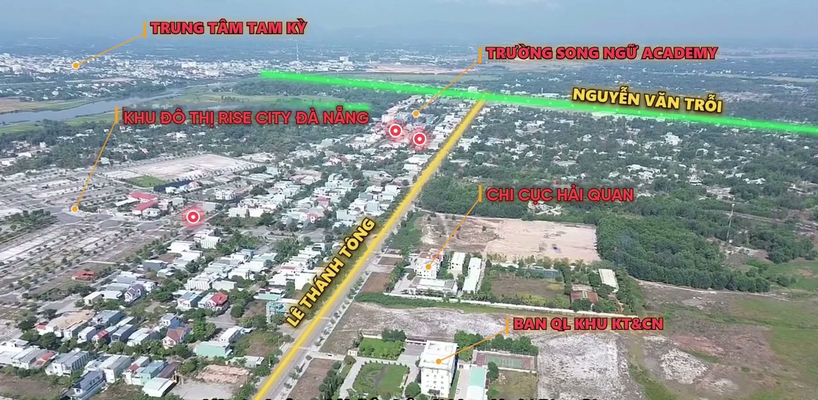 Bản đồ trên không ghi chú vị trí khu dân cư An Hà Quảng Phú so với trung tâm Tam Kỳ, trường song ngữ, Rise City và đường Nguyễn Văn Trỗi