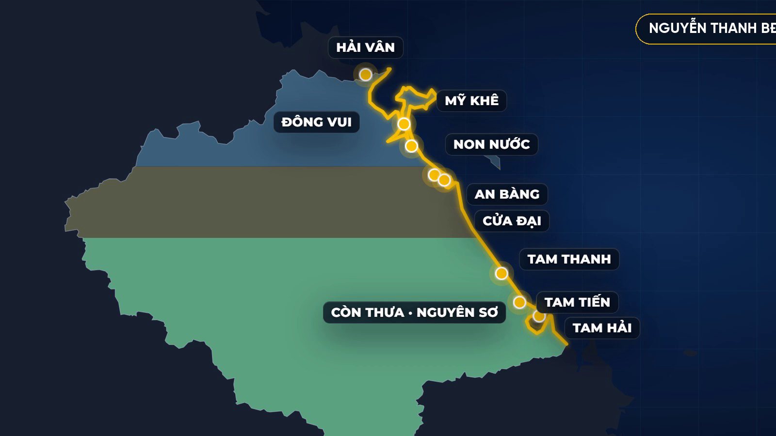 Bản đồ bờ biển Đà Nẵng mới từ Hải Vân qua Mỹ Khê, Non Nước, An Bàng, Cửa Đại xuống Tam Thanh, Tam Tiến, Tam Hải, khúc trên ghi đông vui, khúc dưới ghi còn thưa nguyên sơ