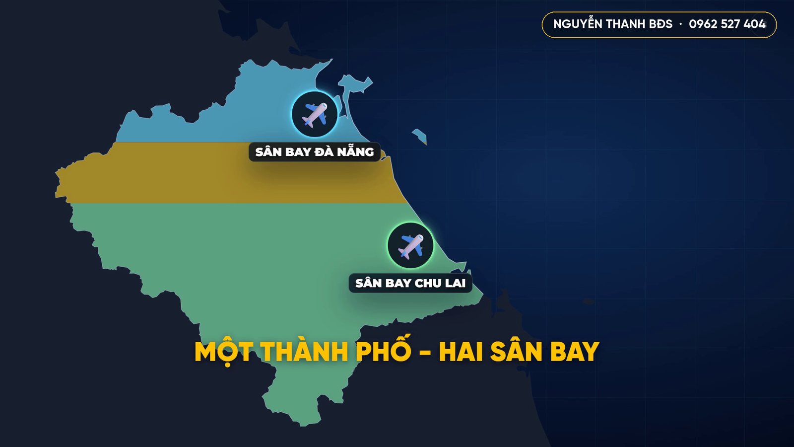 Bản đồ Đà Nẵng mới với sân bay Đà Nẵng ở đầu trên, sân bay Chu Lai ở đầu dưới và dòng chữ một thành phố hai sân bay