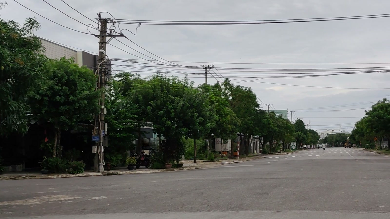 Lòng đường Lê Quý Đôn Tam Kỳ bốn làn xe có vạch kẻ trắng, một bên là nhà dân, hàng cây và cột điện chạy dọc lề