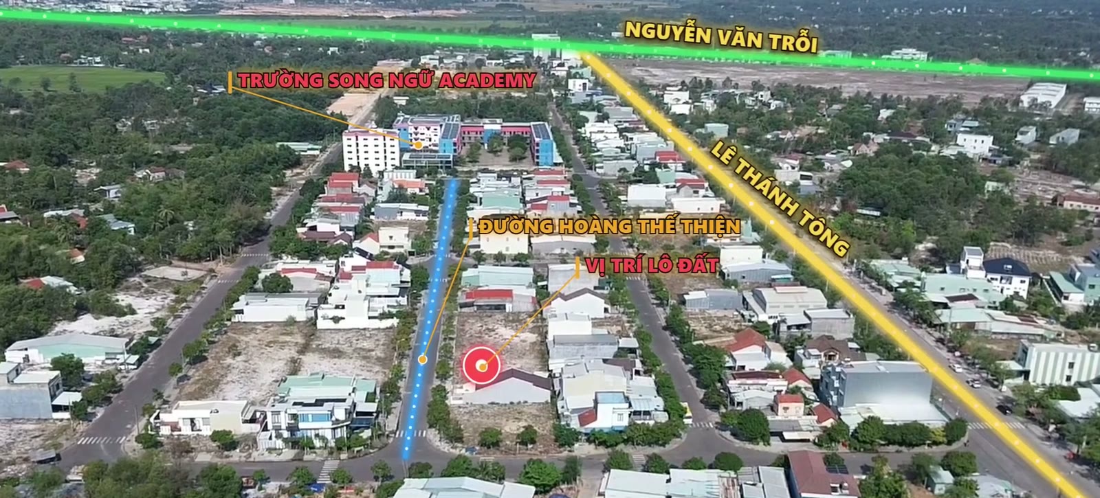 Bản đồ trên không đánh dấu vị trí lô đất 170 m2 ở góc đường Hoàng Thế Thiện, cạnh trục Lê Thánh Tông và trường song ngữ