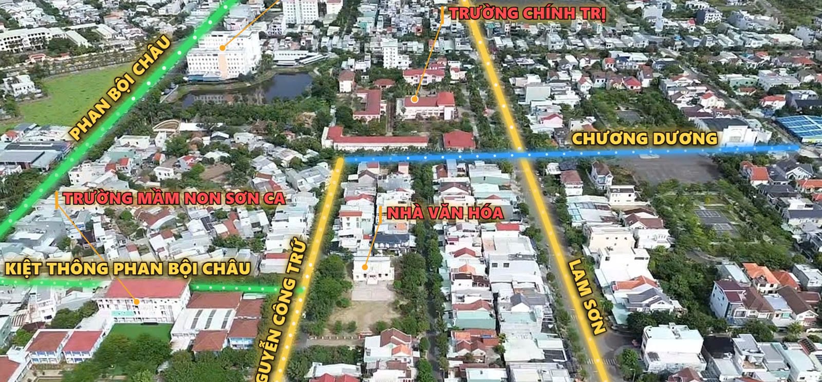 Bản đồ tiện ích quanh lô đất gồm nhà văn hóa, trường mầm non Sơn Ca, bệnh viện Minh Thiện