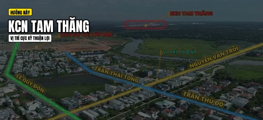 Ảnh flycam có vẽ tuyến đường, mũi tên chỉ hướng từ lô đất trên đường Nguyễn Văn Trỗi ra khu công nghiệp Tam Thăng