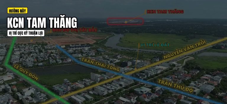 Ảnh flycam có vẽ tuyến đường, mũi tên chỉ hướng từ lô đất trên đường Nguyễn Văn Trỗi ra khu công nghiệp Tam Thăng