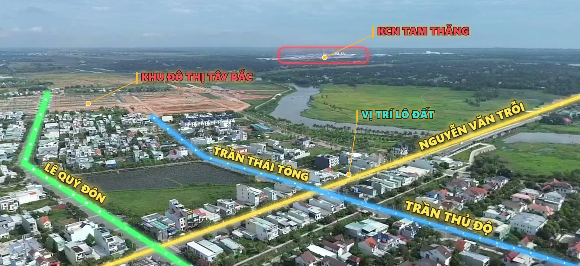 Bản đồ trên nền ảnh flycam cho thấy đường Nguyễn Văn Trỗi nối qua Trần Thái Tông ra khu đô thị Tây Bắc và hướng đi khu công nghiệp Tam Thăng