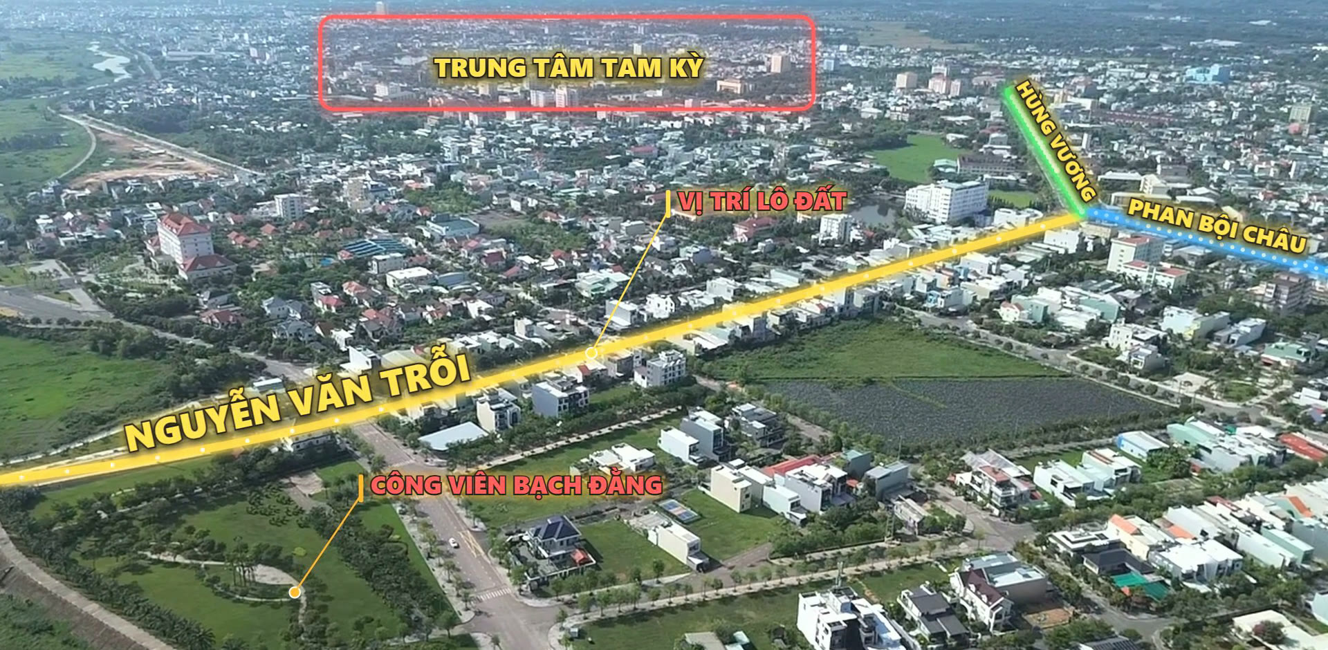 Bản đồ kết nối đường Nguyễn Văn Trỗi từ vị trí lô đất về trung tâm Tam Kỳ qua Hùng Vương, Phan Bội Châu