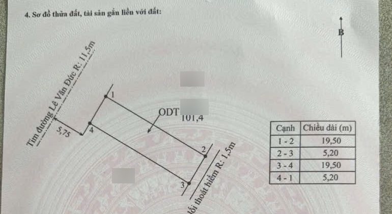 Sơ đồ thửa đất 101,4 m2 đường Lê Văn Đức trong giấy chứng nhận, hai cạnh dài 19,5 m và hai cạnh ngang 5,2 m, đã che số thửa