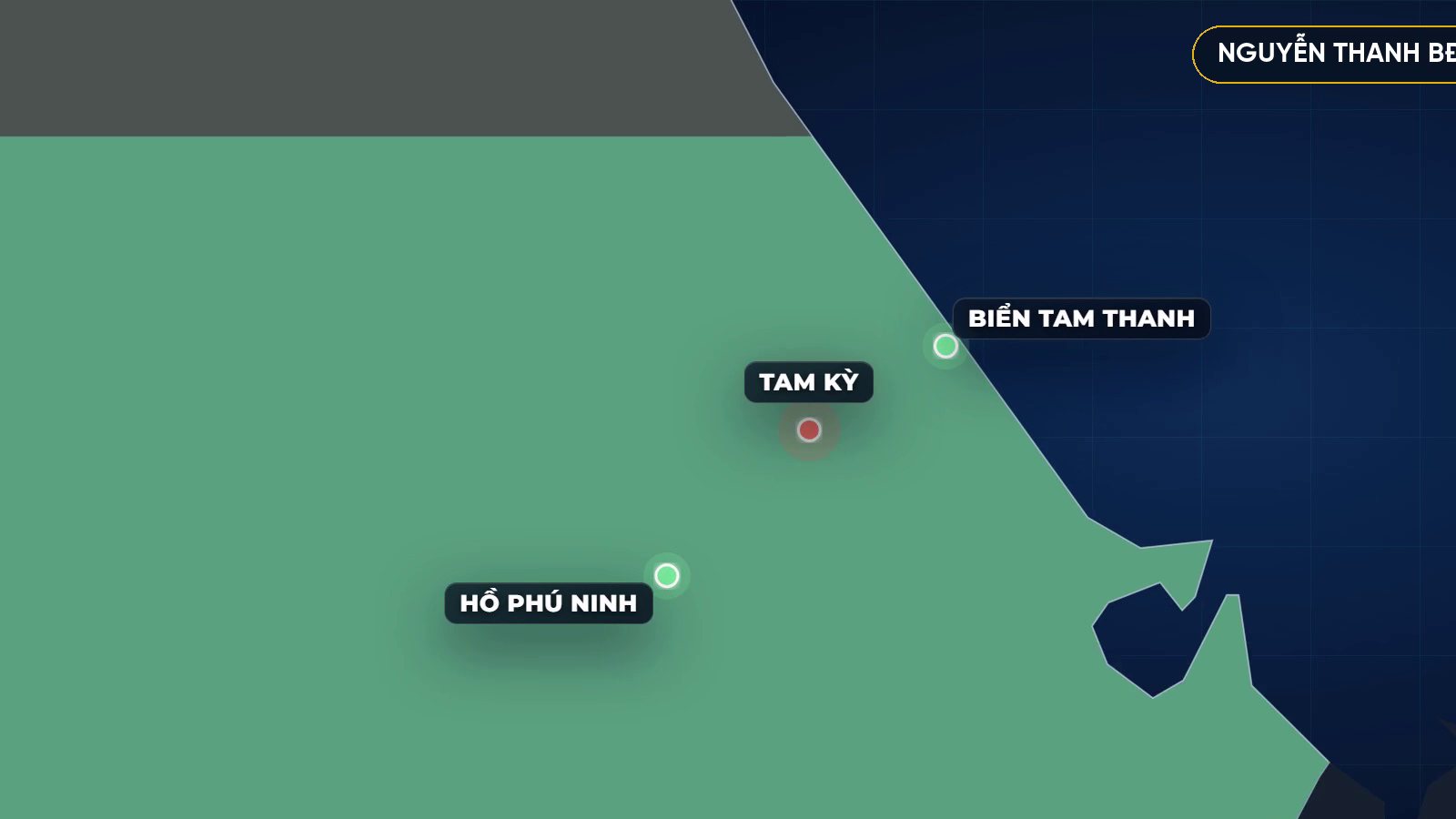 Bản đồ vị trí Tam Kỳ, hồ Phú Ninh và biển Tam Thanh ở khúc dưới Đà Nẵng mới