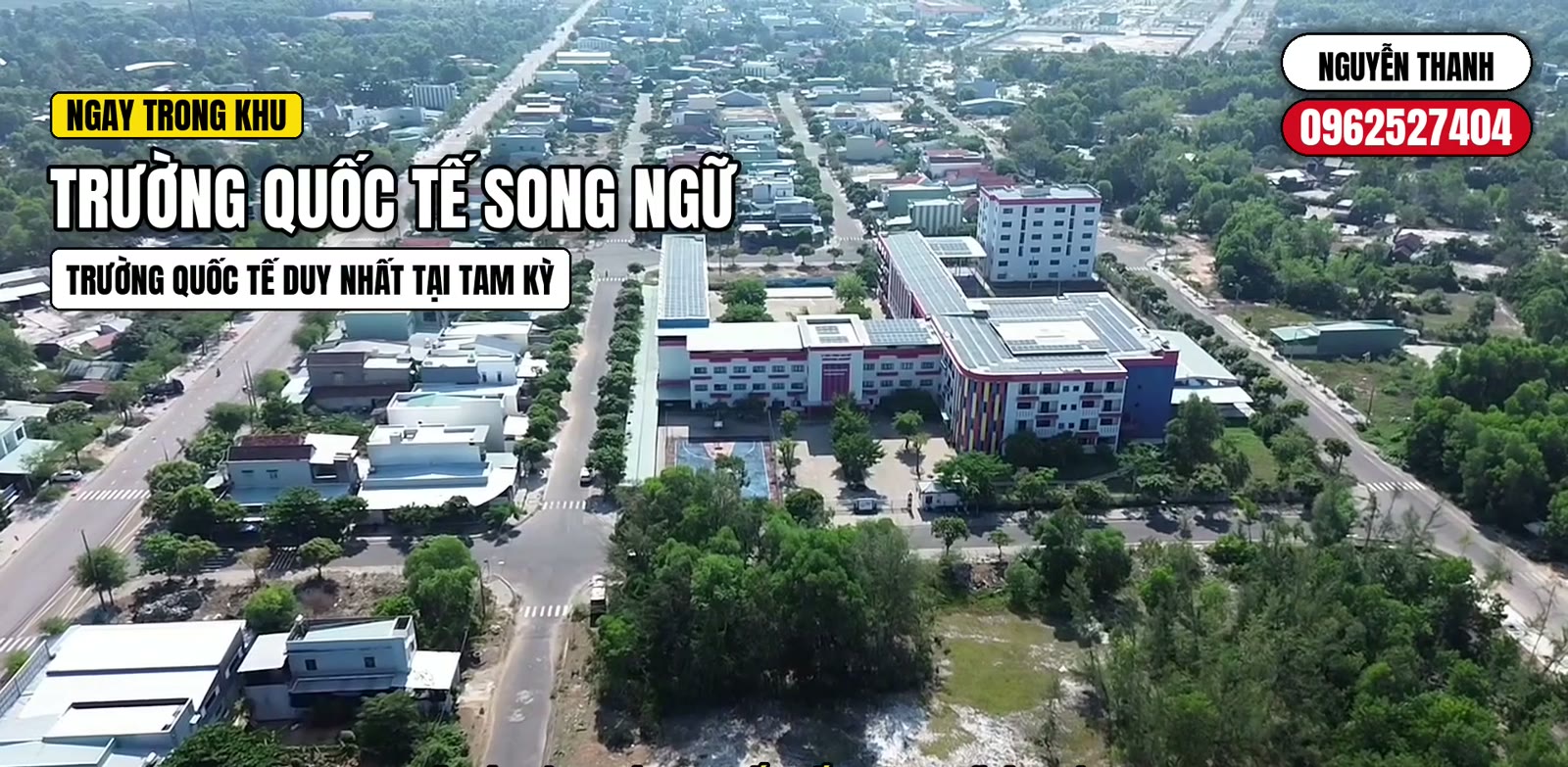 Trường quốc tế song ngữ Academy nhìn từ trên cao, toà nhà nhiều màu nằm giữa khu dân cư An Hà Quảng Phú Tam Kỳ
